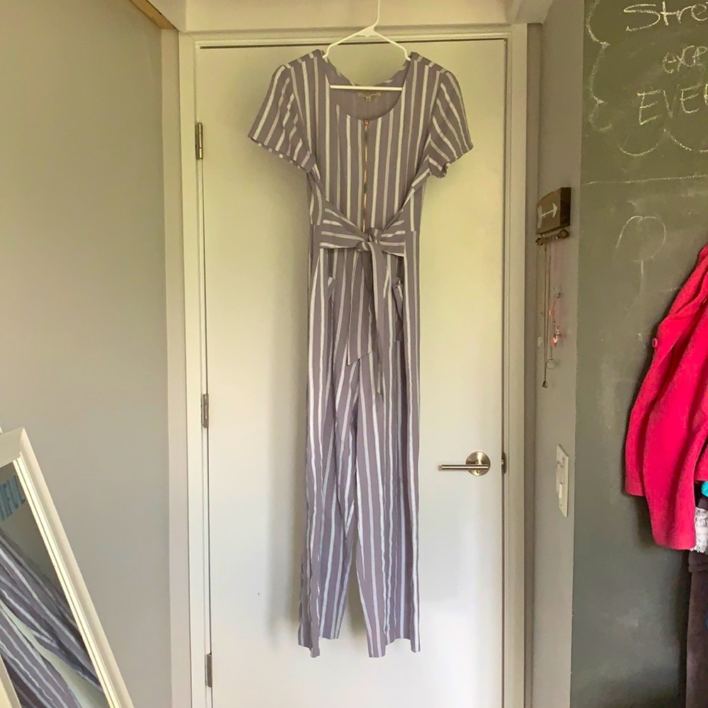 Grey and white stripe wide legged zip up jumpsuit